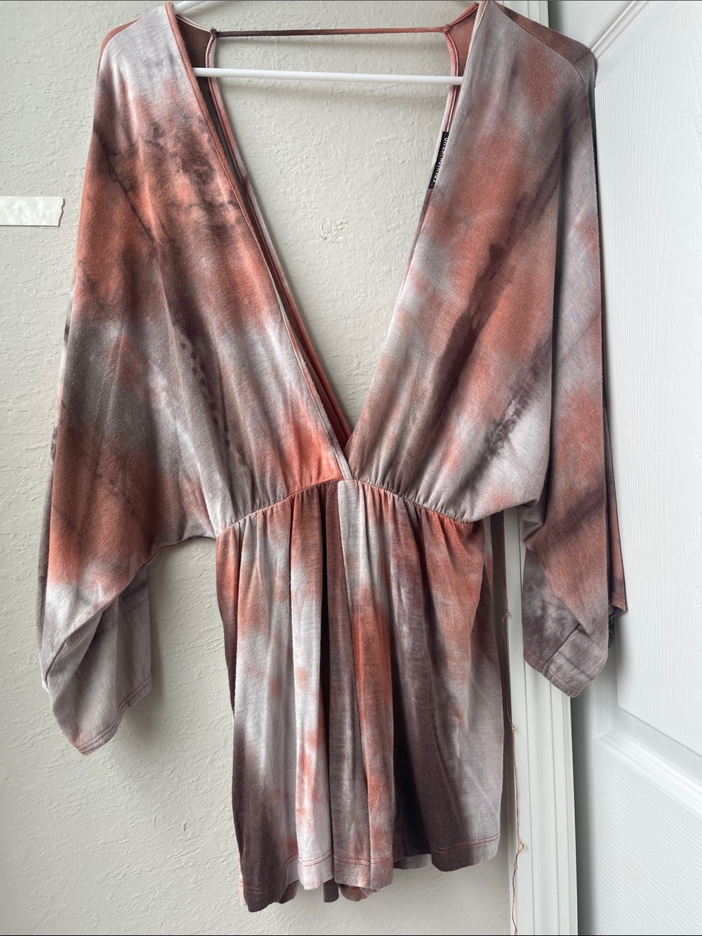 Fashion Nova Rust and Gray Tie-Dye Deep V Romper